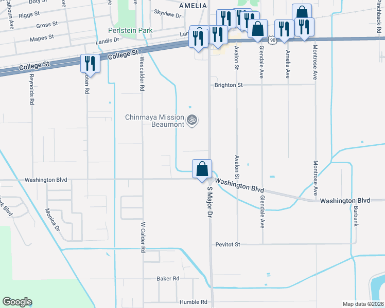 map of restaurants, bars, coffee shops, grocery stores, and more near 8535 Frazier Drive in Beaumont