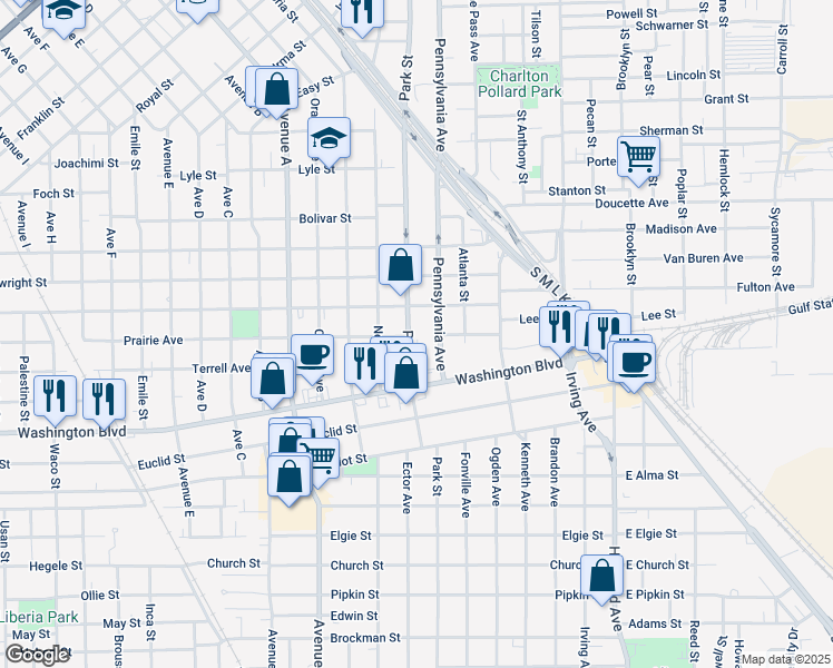 map of restaurants, bars, coffee shops, grocery stores, and more near 950 Washington Boulevard in Beaumont