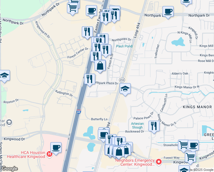 map of restaurants, bars, coffee shops, grocery stores, and more near 150 Northpark Plaza Drive in Houston