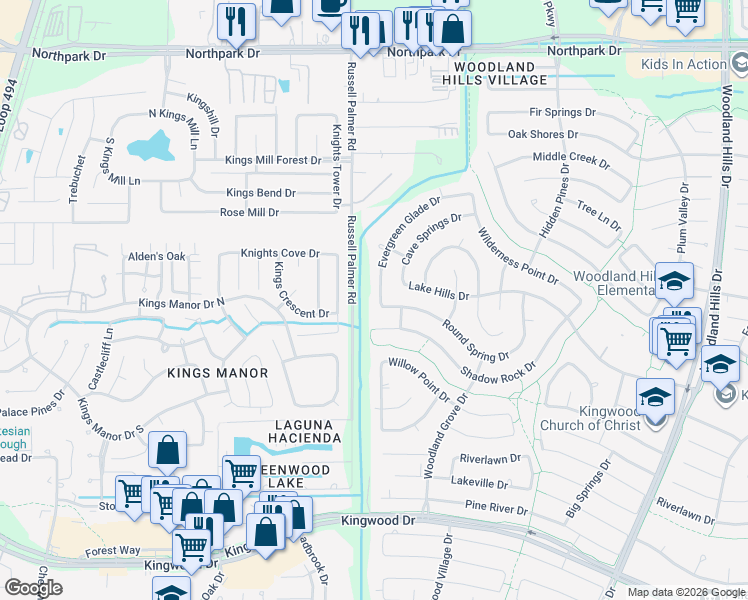 map of restaurants, bars, coffee shops, grocery stores, and more near 1827 Shadow Rock Drive in Humble