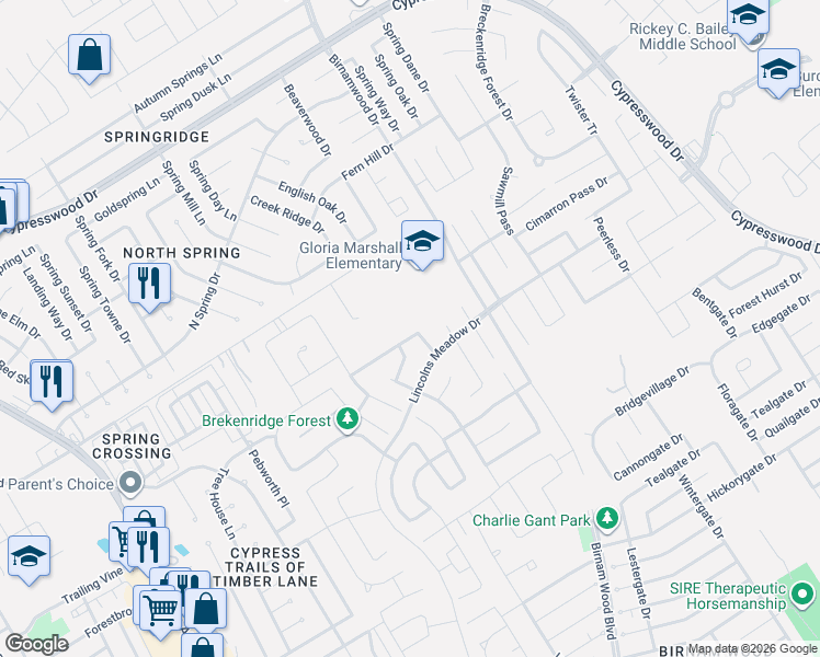 map of restaurants, bars, coffee shops, grocery stores, and more near 2633 Prancing Stream Dr in Spring