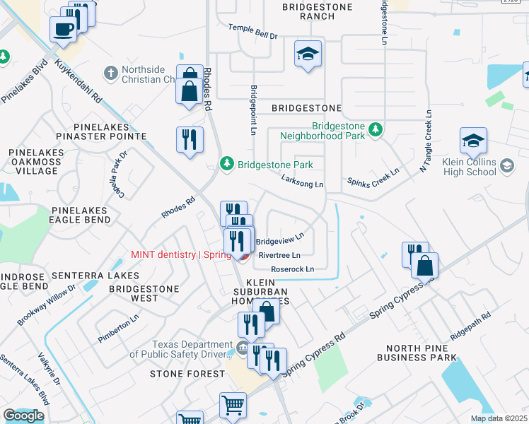 map of restaurants, bars, coffee shops, grocery stores, and more near 21035 Waymare Lane in Spring