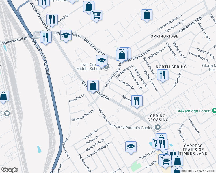 map of restaurants, bars, coffee shops, grocery stores, and more near 27100 Old Cypresswood Drive in Spring
