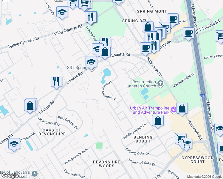 map of restaurants, bars, coffee shops, grocery stores, and more near 20439 Louetta Crossing Drive in Spring