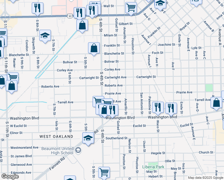 map of restaurants, bars, coffee shops, grocery stores, and more near 2690 San Jacinto Street in Beaumont