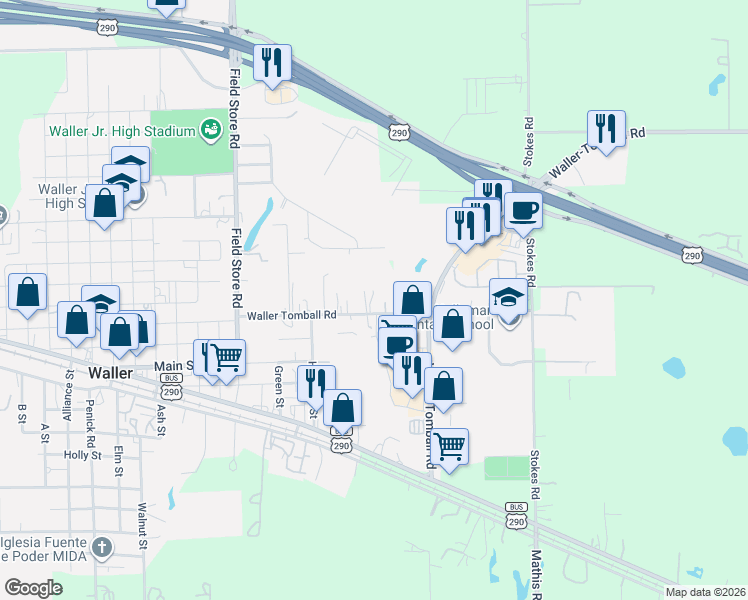 map of restaurants, bars, coffee shops, grocery stores, and more near 31706 Waller Tomball Road in Waller