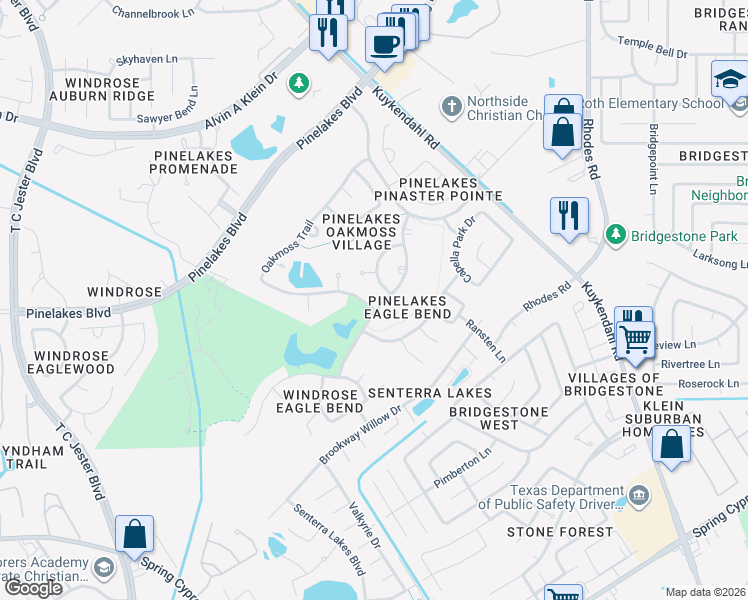map of restaurants, bars, coffee shops, grocery stores, and more near 20311 Pinellas Park Court in Spring