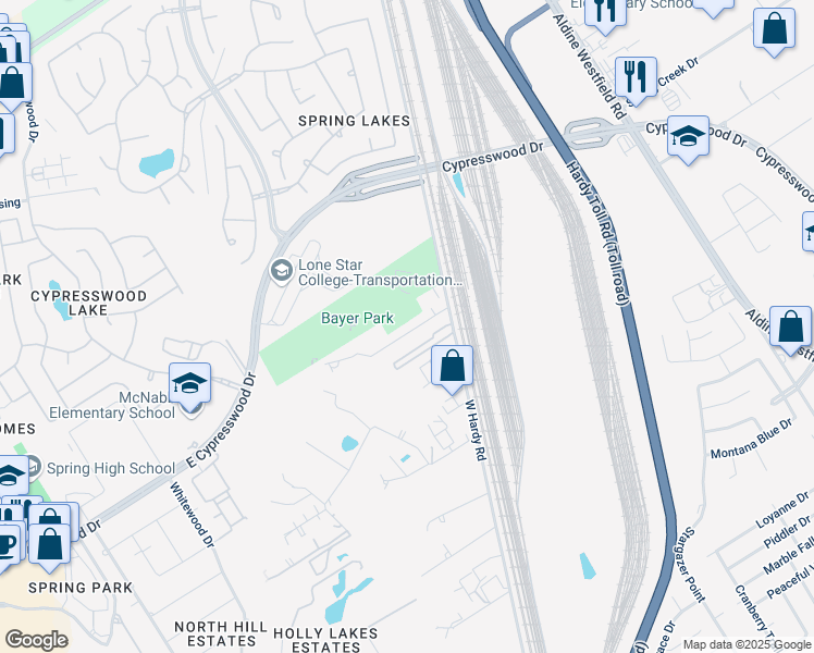 map of restaurants, bars, coffee shops, grocery stores, and more near 24715 West Hardy Road in Spring