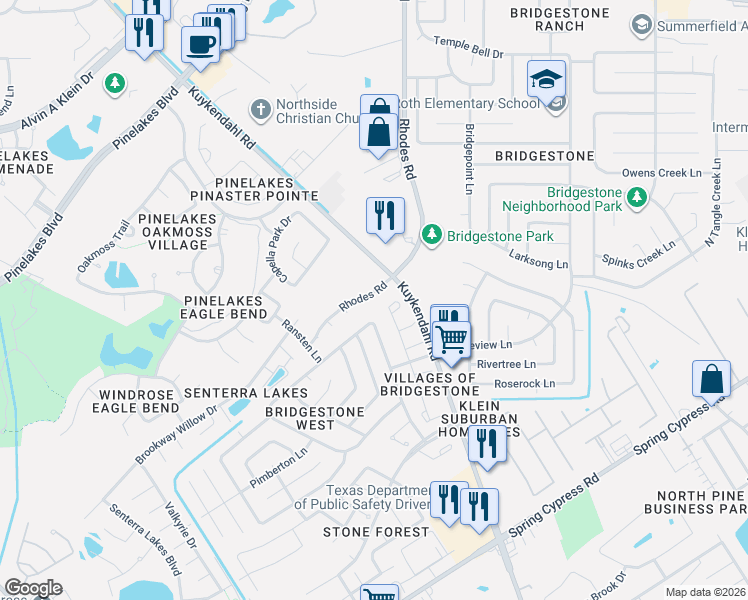 map of restaurants, bars, coffee shops, grocery stores, and more near 19926 Rhodes Road in Spring