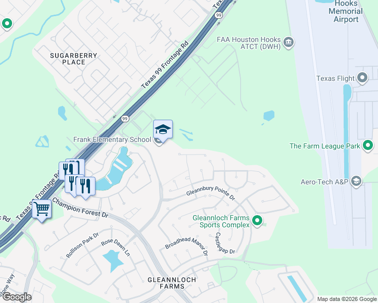 map of restaurants, bars, coffee shops, grocery stores, and more near 9506 Tartan Manor Street in Spring