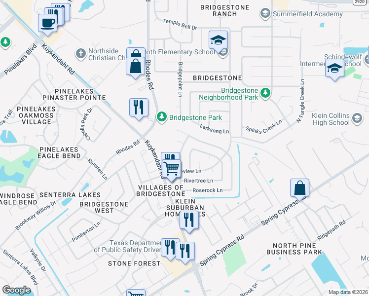 map of restaurants, bars, coffee shops, grocery stores, and more near 4727 Whispering Rock Lane in Spring