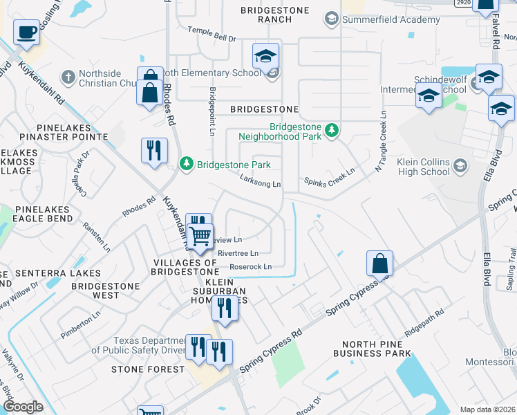 map of restaurants, bars, coffee shops, grocery stores, and more near 4634 Whispering Rock Lane in Spring