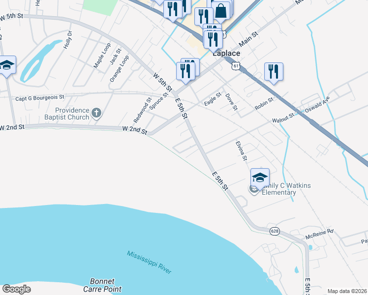 map of restaurants, bars, coffee shops, grocery stores, and more near 421 Sycamore Loop in LaPlace