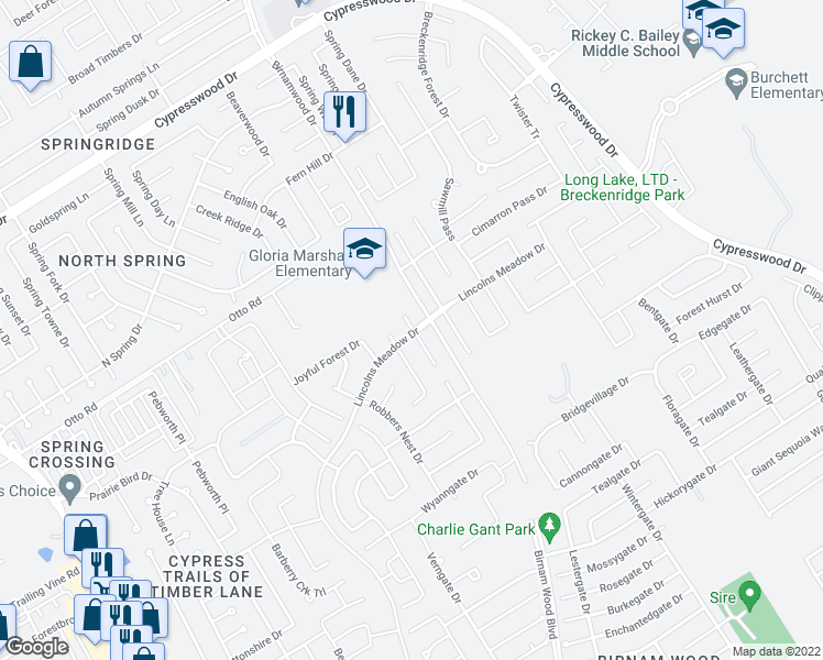 map of restaurants, bars, coffee shops, grocery stores, and more near 23403 Joyful Way in Spring