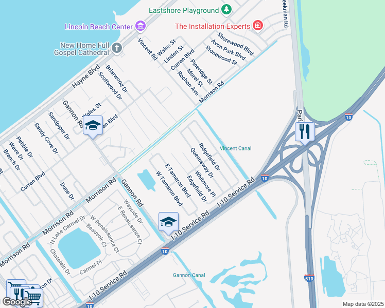 map of restaurants, bars, coffee shops, grocery stores, and more near 7170 Queensway Drive in New Orleans