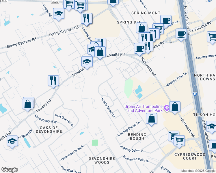 map of restaurants, bars, coffee shops, grocery stores, and more near 20439 Louetta Crossing Drive in Spring