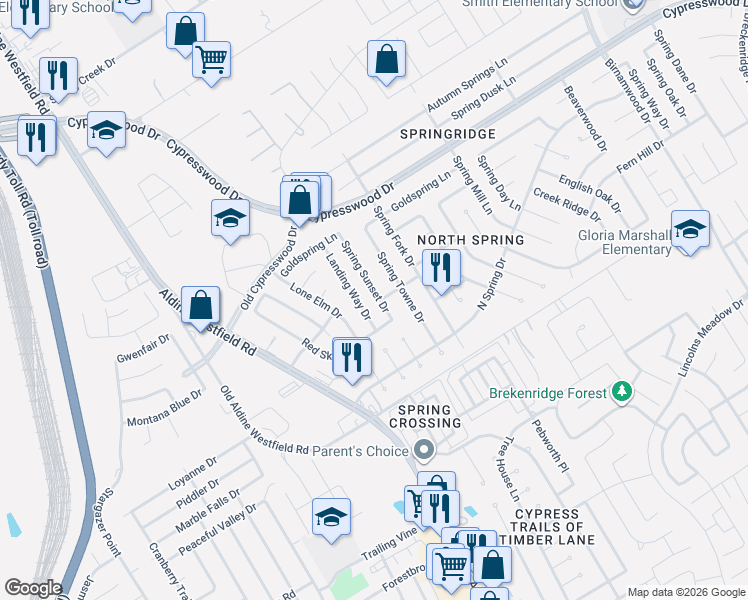 map of restaurants, bars, coffee shops, grocery stores, and more near 24102 Spring Sunset Drive in Spring