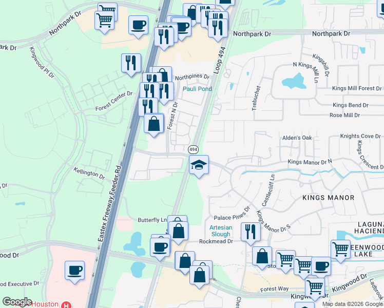 map of restaurants, bars, coffee shops, grocery stores, and more near 25711 Texas 494 Loop in Montgomery County