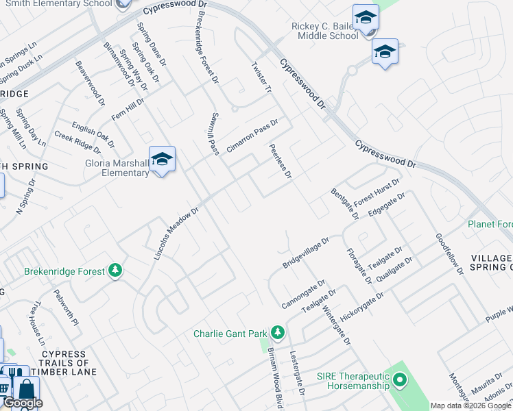 map of restaurants, bars, coffee shops, grocery stores, and more near 3006 Pathfinders Pass in Spring