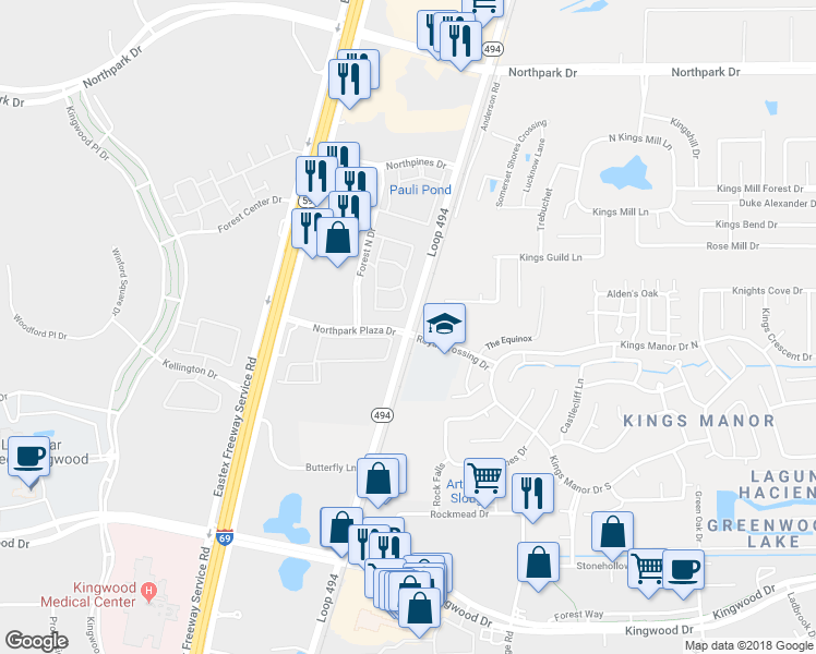 map of restaurants, bars, coffee shops, grocery stores, and more near 25725 Route 494 Loop in Montgomery County