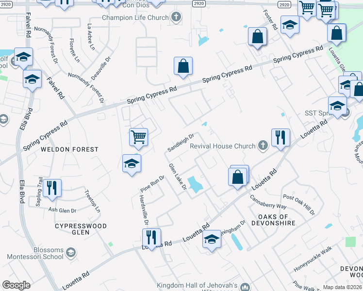 map of restaurants, bars, coffee shops, grocery stores, and more near 2839 Sandleigh Drive in Spring