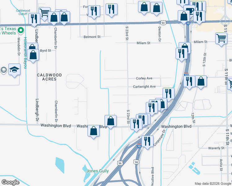 map of restaurants, bars, coffee shops, grocery stores, and more near 4660 Roberts Avenue in Beaumont