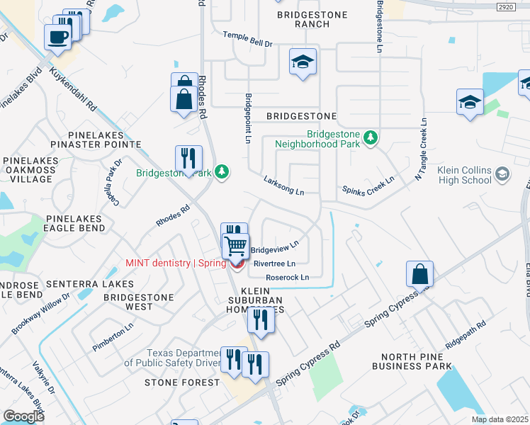 map of restaurants, bars, coffee shops, grocery stores, and more near 4727 Whispering Rock Lane in Spring