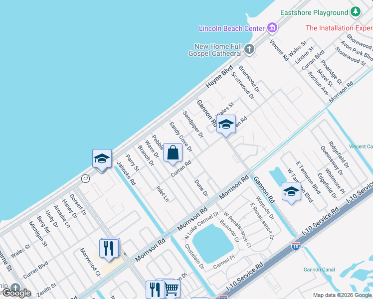 map of restaurants, bars, coffee shops, grocery stores, and more near 41336 Quaker Street in New Orleans