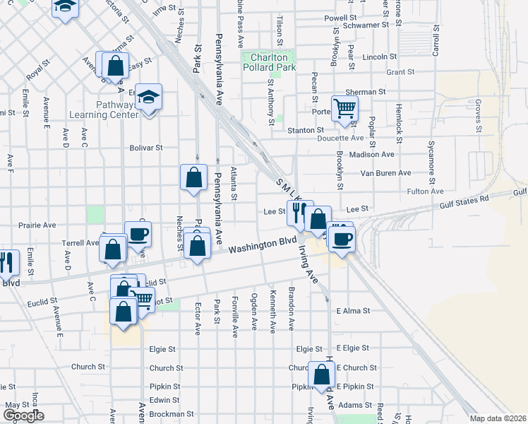map of restaurants, bars, coffee shops, grocery stores, and more near 2718 Sabine Pass Avenue in Beaumont