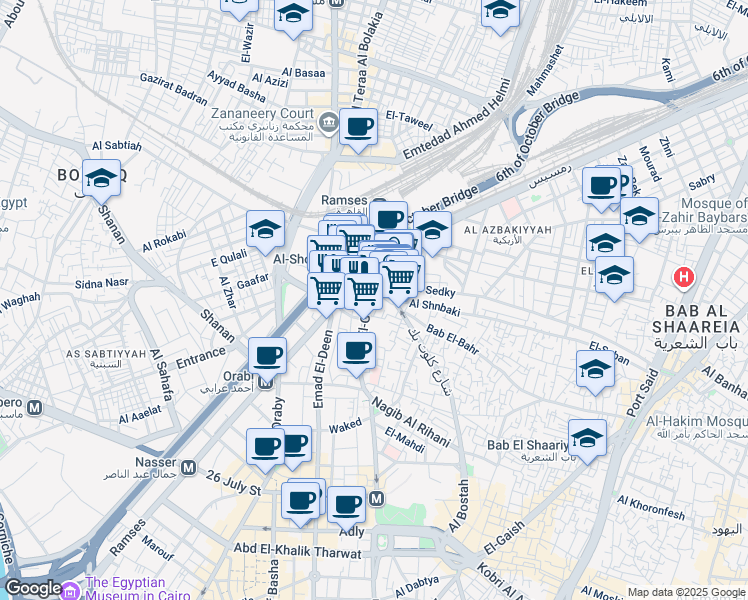 map of restaurants, bars, coffee shops, grocery stores, and more near 1 El-Gomhoreya in Al Azbakeya