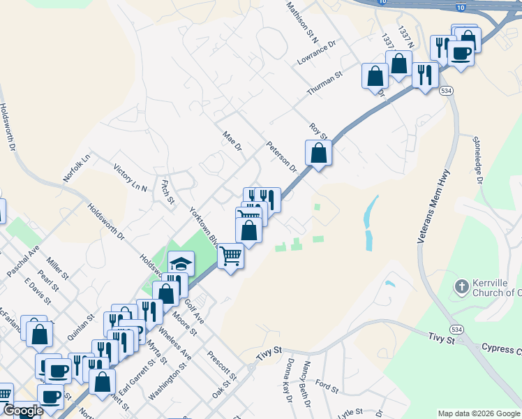 map of restaurants, bars, coffee shops, grocery stores, and more near 1508 Sidney Baker Street in Kerrville