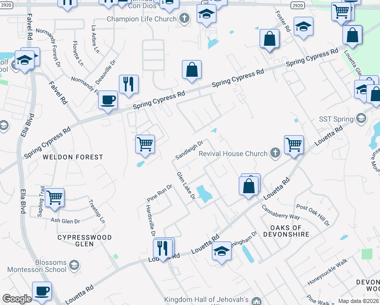 map of restaurants, bars, coffee shops, grocery stores, and more near 2839 Sandleigh Drive in Spring