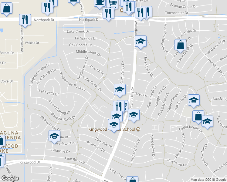 map of restaurants, bars, coffee shops, grocery stores, and more near 2187 River Village Drive in Humble