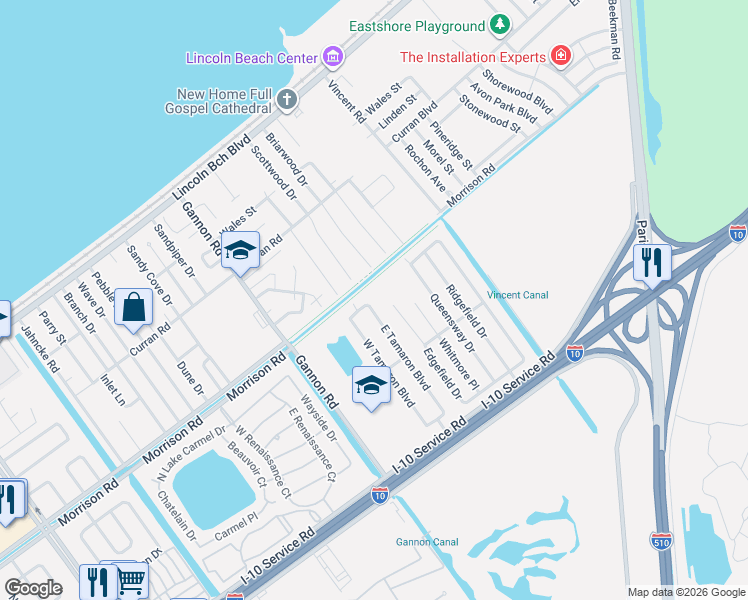 map of restaurants, bars, coffee shops, grocery stores, and more near 7257 East Tamaron Boulevard in New Orleans