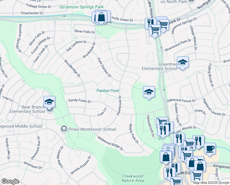 map of restaurants, bars, coffee shops, grocery stores, and more near 3118 Village Woods Drive in Houston