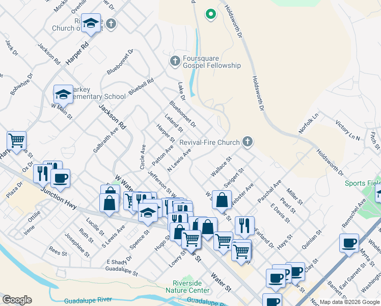 map of restaurants, bars, coffee shops, grocery stores, and more near 406 Harper Street in Kerrville
