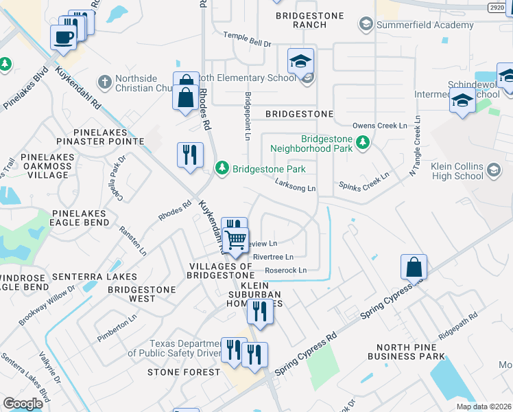 map of restaurants, bars, coffee shops, grocery stores, and more near 4727 Whispering Rock Lane in Spring