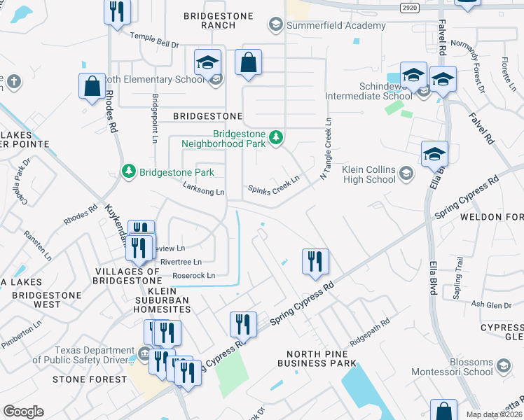 map of restaurants, bars, coffee shops, grocery stores, and more near 21107 North Tangle Creek Lane in Spring