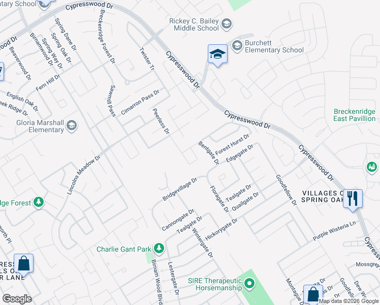 map of restaurants, bars, coffee shops, grocery stores, and more near 4707 Forest Hurst Glen in Spring