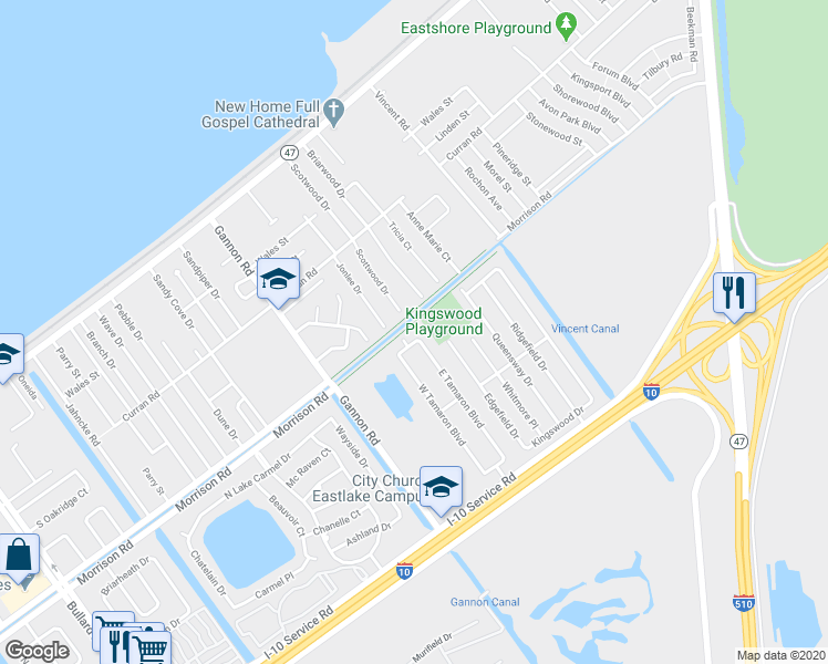 map of restaurants, bars, coffee shops, grocery stores, and more near 7257 East Tamaron Boulevard in New Orleans