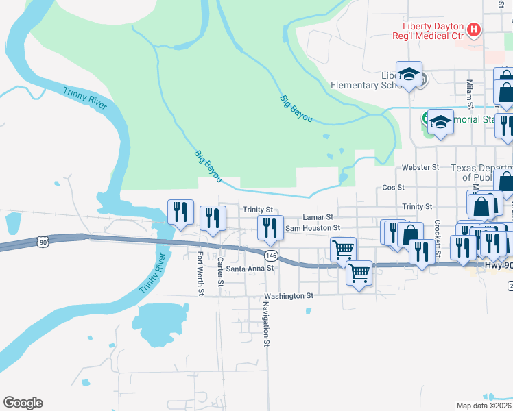 map of restaurants, bars, coffee shops, grocery stores, and more near 621 Trinity Street in Liberty
