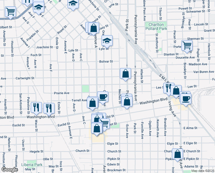 map of restaurants, bars, coffee shops, grocery stores, and more near 1205 Roberts Avenue in Beaumont