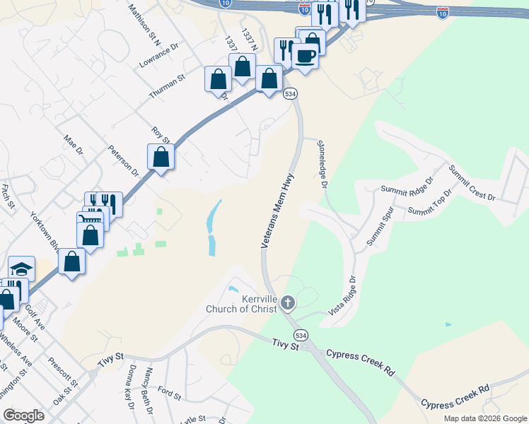 map of restaurants, bars, coffee shops, grocery stores, and more near Veterans Highway in Kerrville
