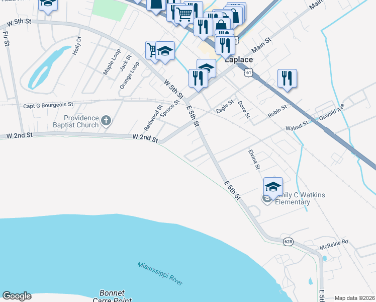 map of restaurants, bars, coffee shops, grocery stores, and more near 421 Sycamore Loop in LaPlace