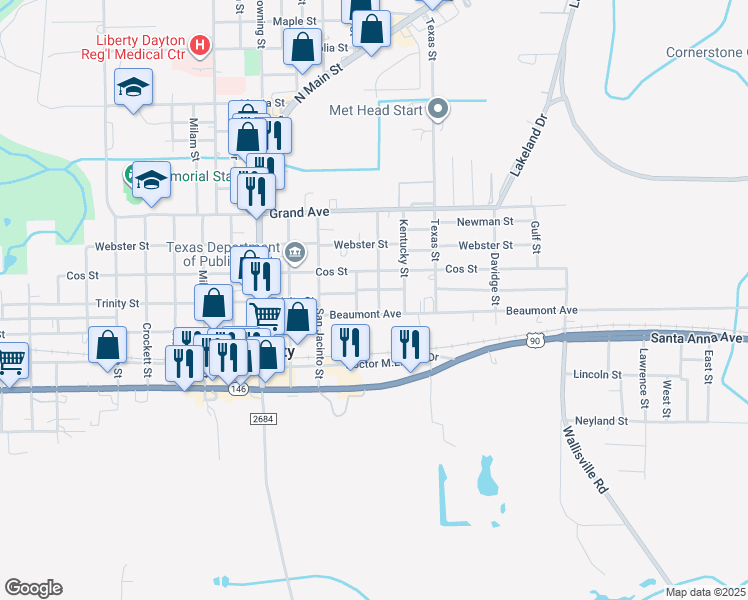 map of restaurants, bars, coffee shops, grocery stores, and more near 413 Maryland Street in Liberty