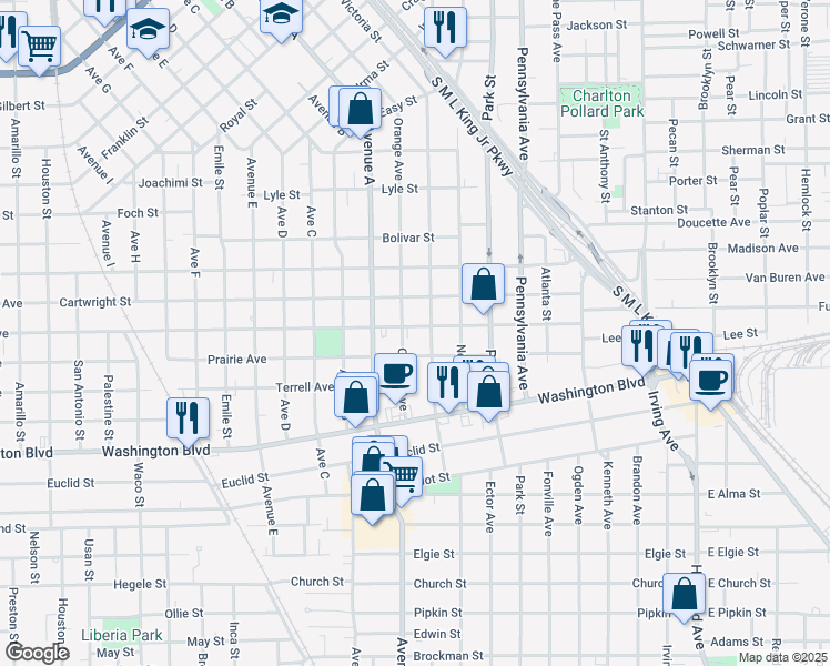 map of restaurants, bars, coffee shops, grocery stores, and more near 1205 Roberts Avenue in Beaumont