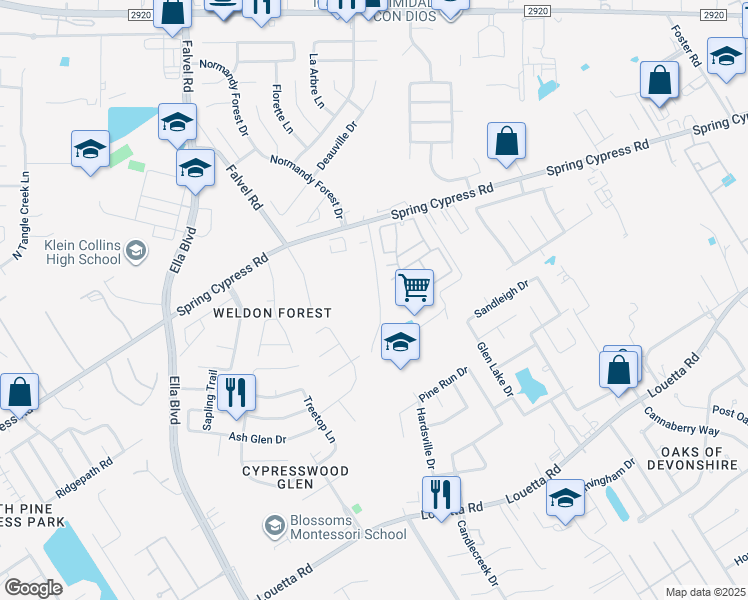 map of restaurants, bars, coffee shops, grocery stores, and more near 3325 Spring Cypress Road in Spring
