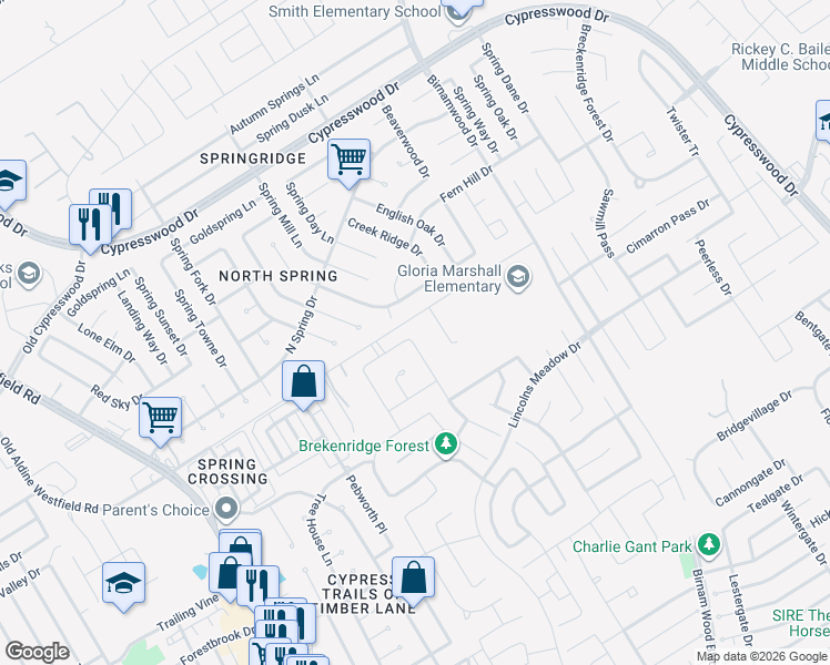 map of restaurants, bars, coffee shops, grocery stores, and more near 23735 Farm Hill Drive in Spring