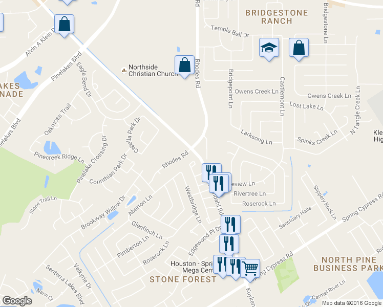 map of restaurants, bars, coffee shops, grocery stores, and more near 19926 Rhodes Road in Spring