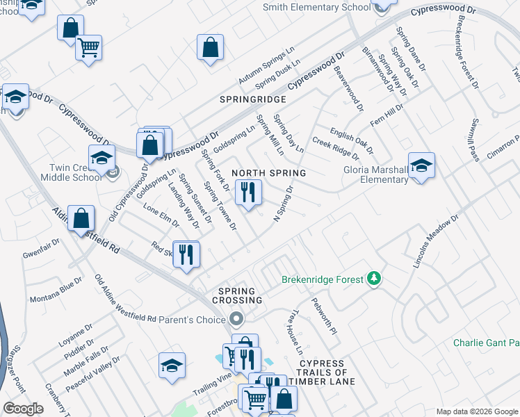 map of restaurants, bars, coffee shops, grocery stores, and more near 23918 Conefall Court in Spring
